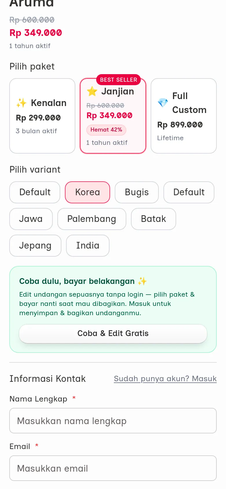 Halaman tema dalam katalog dengan butang Coba & Edit Gratis di bawah pilihan varian