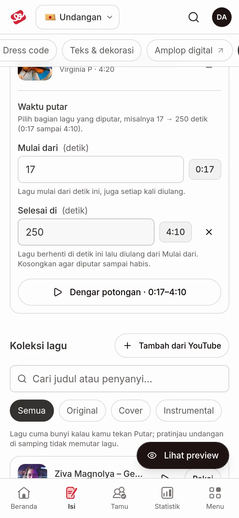 Kad Masa main dengan ruangan Mula dari dan Tamat pada dalam saat, penanda 0:17 dan 4:10 serta butang Dengar bahagian ini