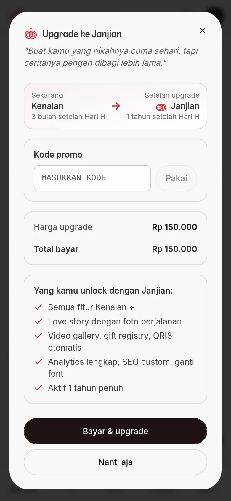 Dialog naik taraf berisi pakej Sekarang dan Selepas naik taraf, ruangan Kod promo, Harga naik taraf, Jumlah bayaran dan butang Bayar & naik taraf