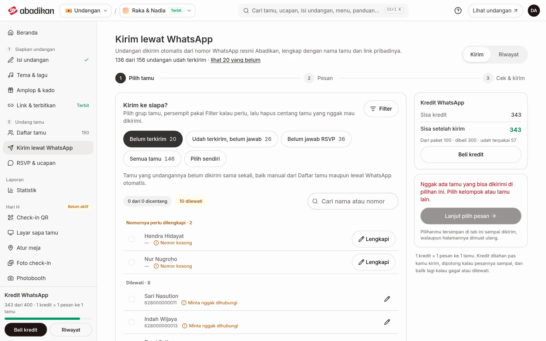 Langkah Pilih tetamu dalam Hantar melalui WhatsApp dengan pilihan Kumpulan tetamu dan senarai penerima