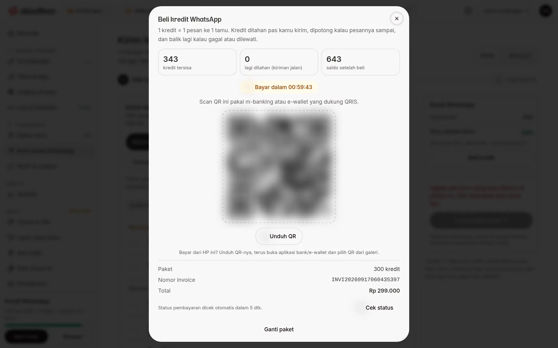 Dialog bayaran QRIS untuk kredit WhatsApp dengan kira detik, kod QR (dikaburkan), butang Muat turun QR, dan butang Semak status