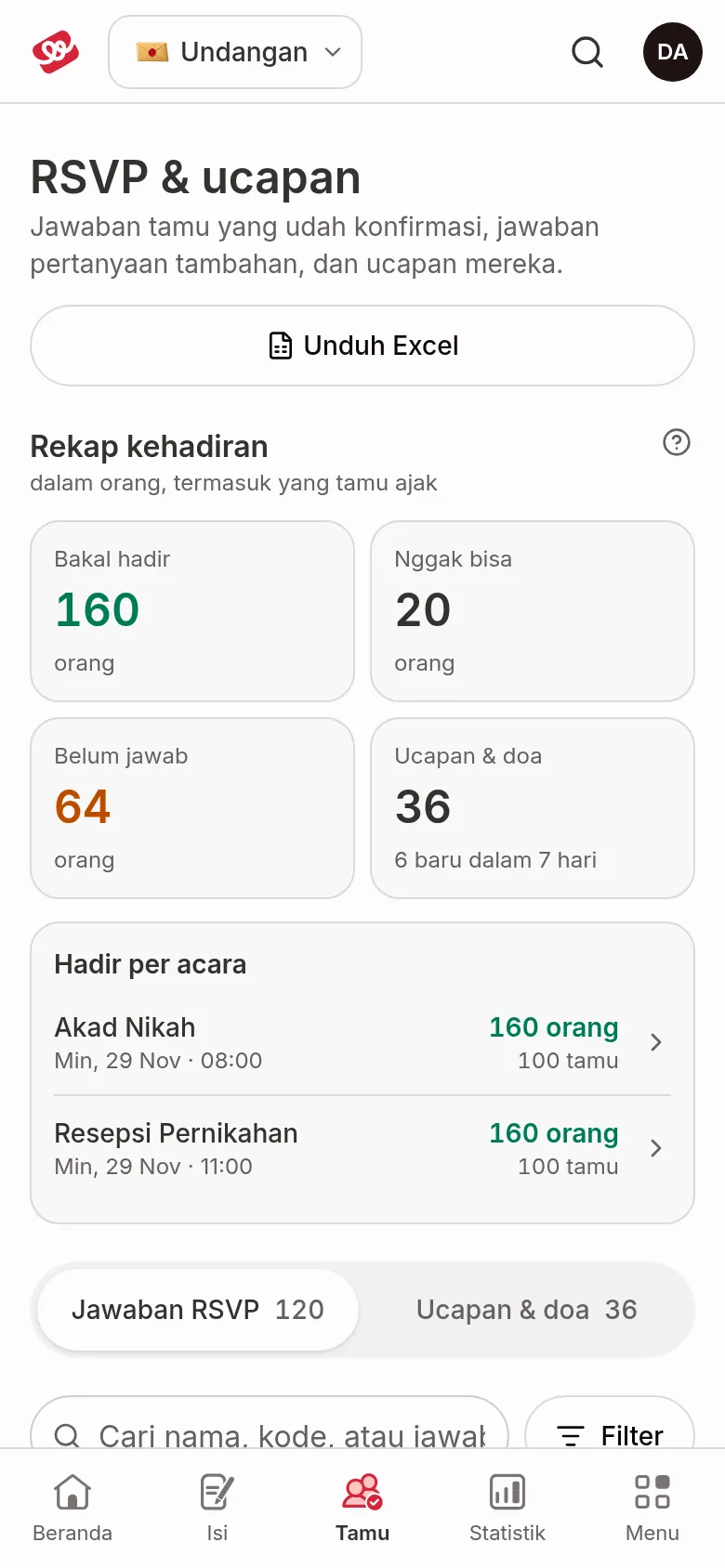Halaman RSVP &amp; ucapan dengan Rekap kehadiran Akan hadir, Tidak dapat hadir, Belum menjawab, kemudian senarai jawapan RSVP tetamu